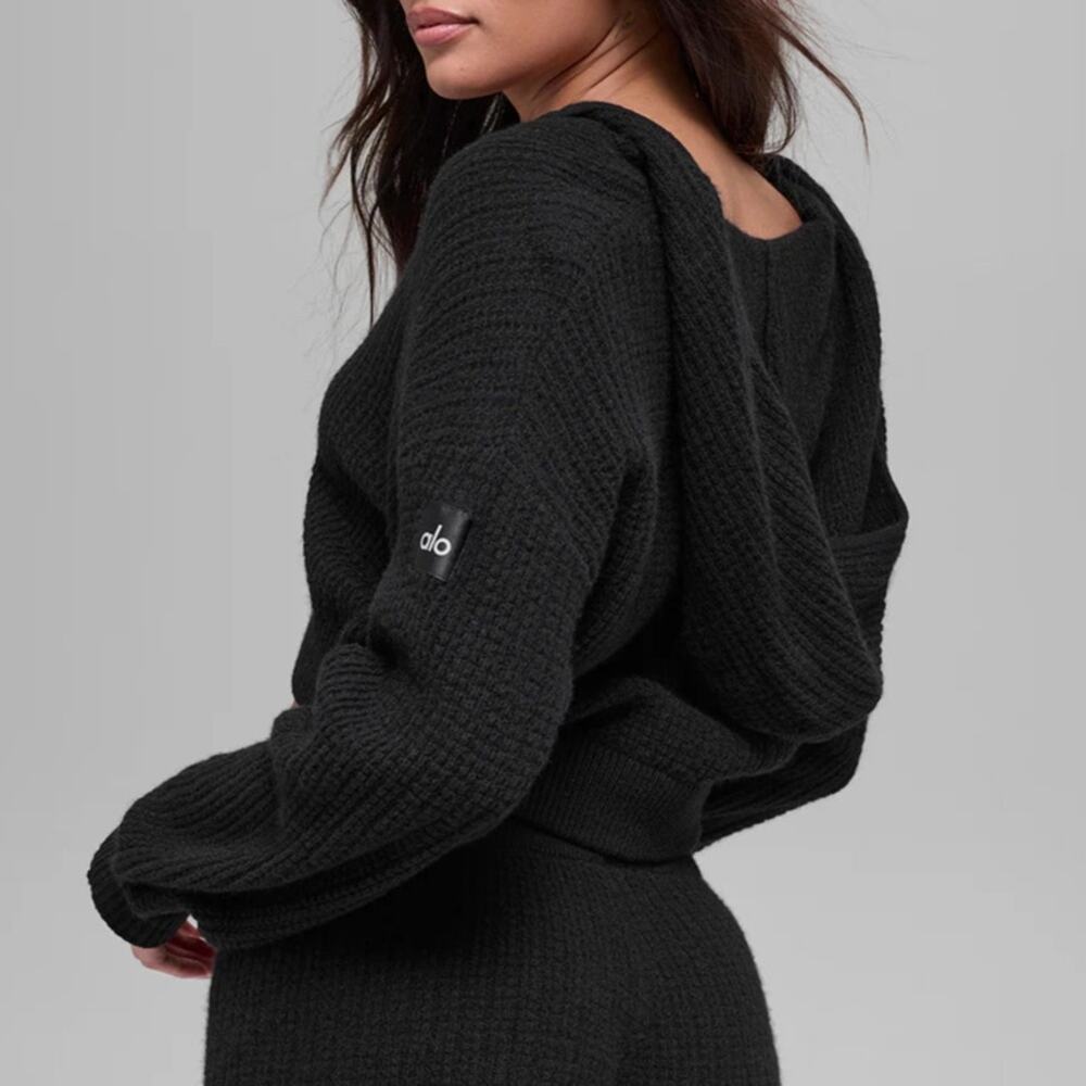 Alo Yoga Cashmere Plush Waffle Full Zip Hoodie Black Size Small $348 EUC Crop - Picture 2 of 16